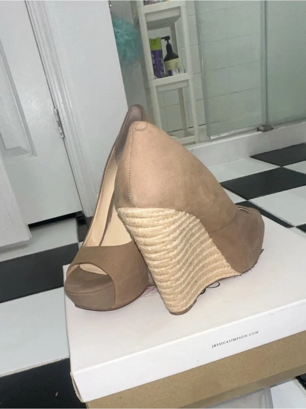 Jessica Simpson Taupe Espadrille Rope-Wedge Peep Toe Pumps